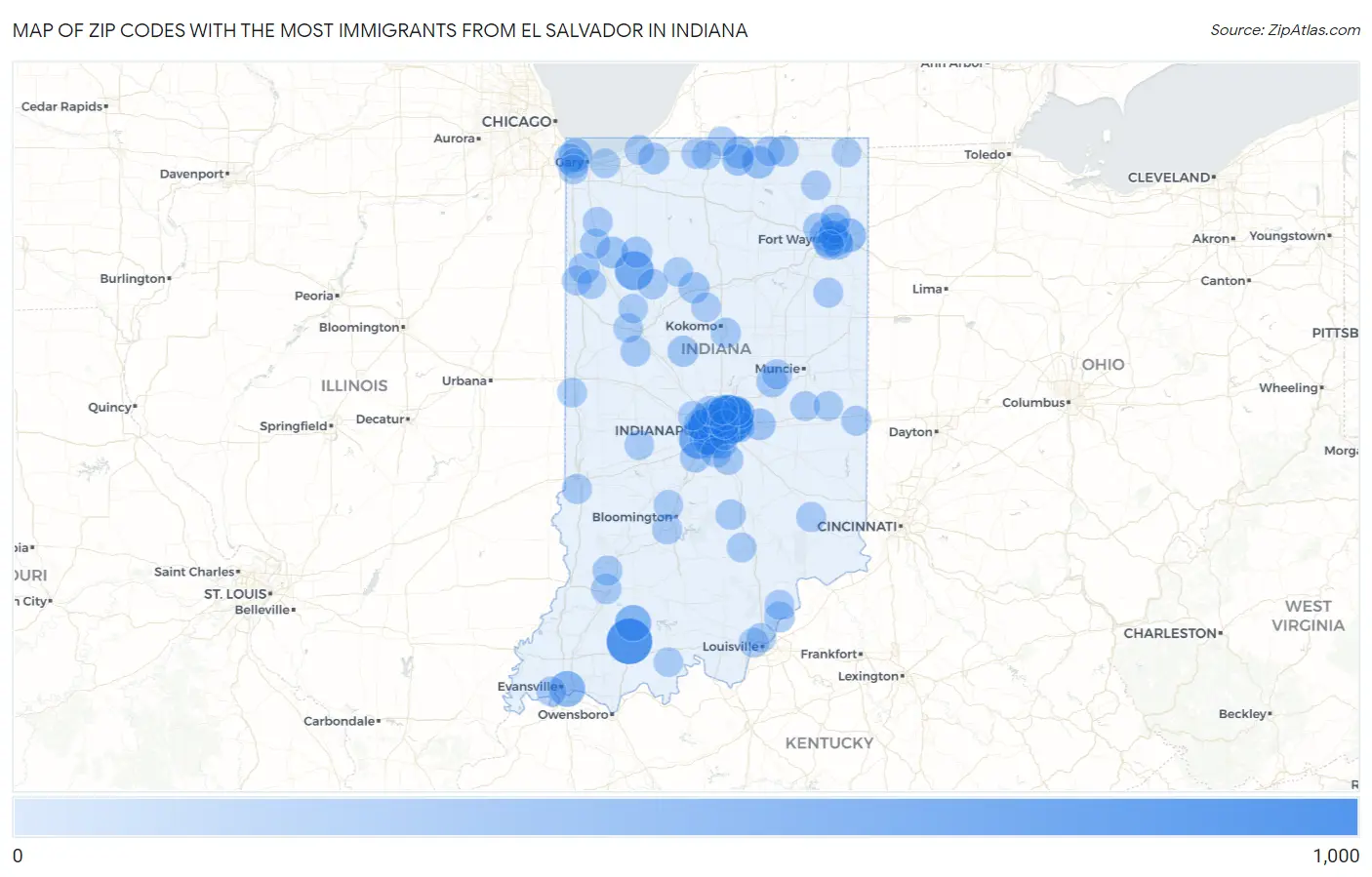 Zip Codes with the Most Immigrants from El Salvador in Indiana Map