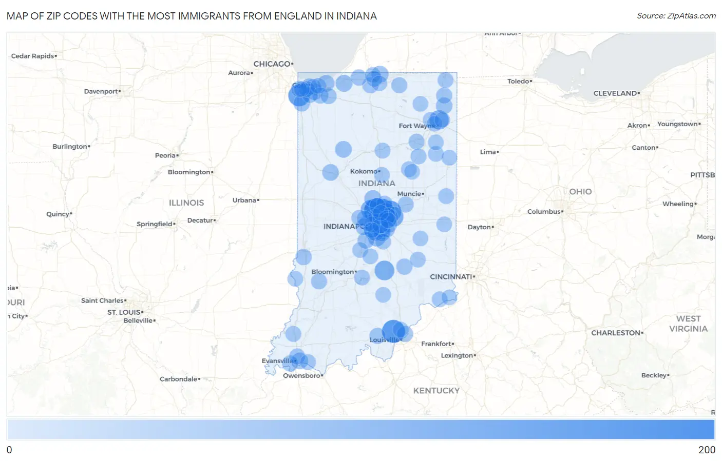 Zip Codes with the Most Immigrants from England in Indiana Map