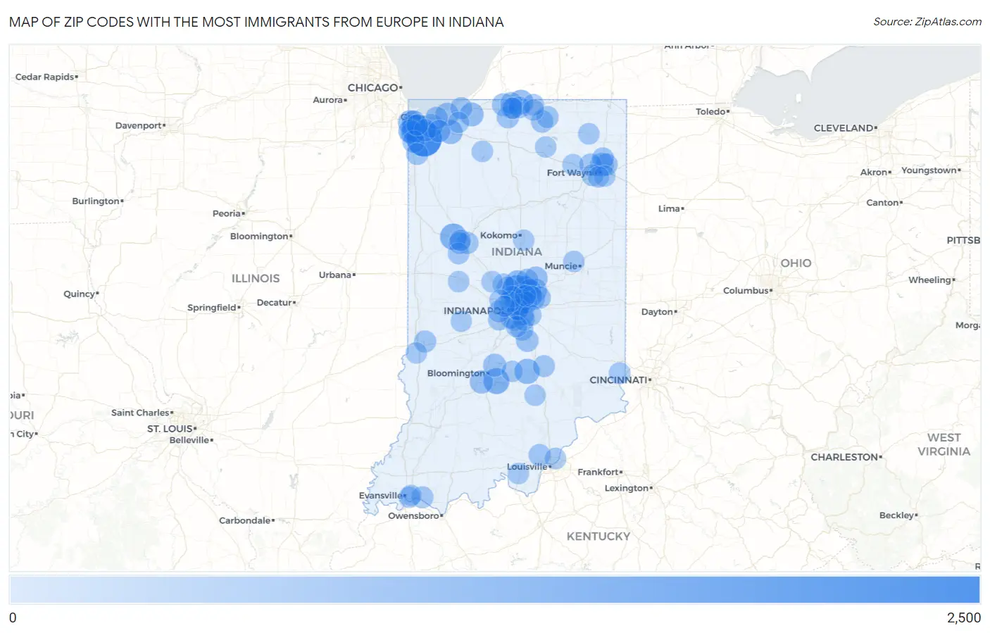 Zip Codes with the Most Immigrants from Europe in Indiana Map