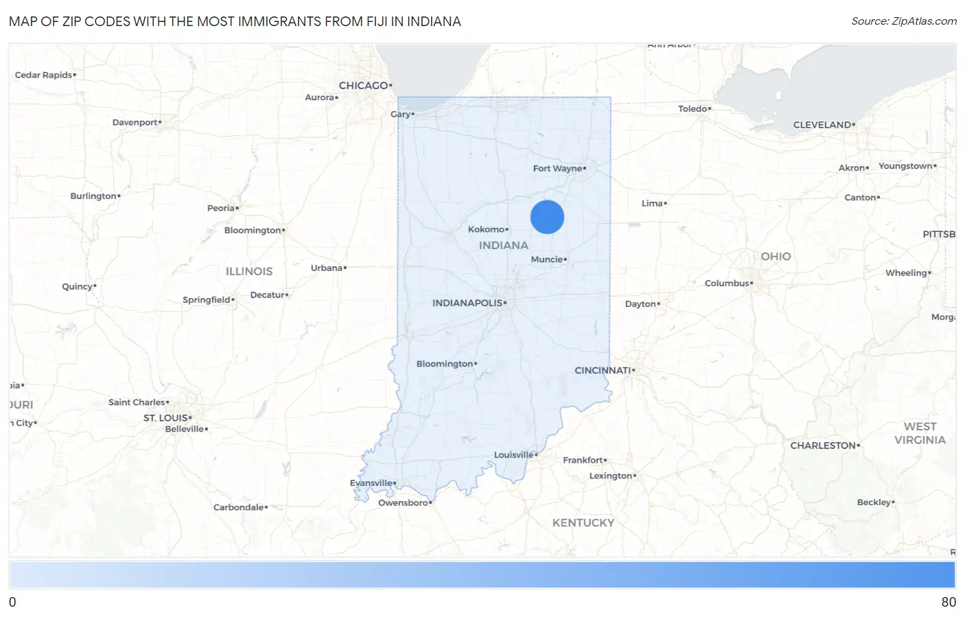 Zip Codes with the Most Immigrants from Fiji in Indiana Map