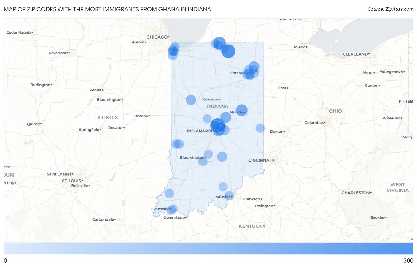 Zip Codes with the Most Immigrants from Ghana in Indiana Map