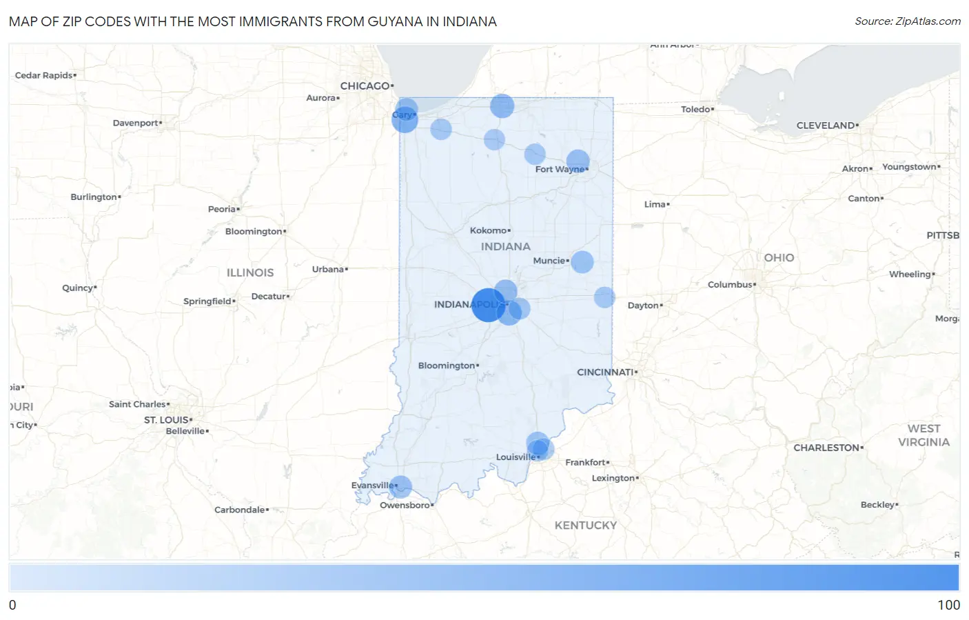 Zip Codes with the Most Immigrants from Guyana in Indiana Map