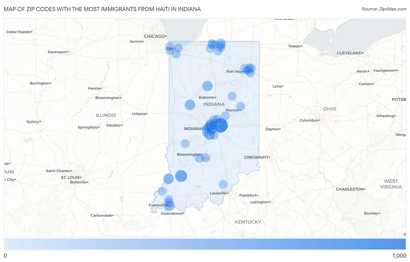 Zip Codes with the Most Immigrants from Haiti in Indiana Map