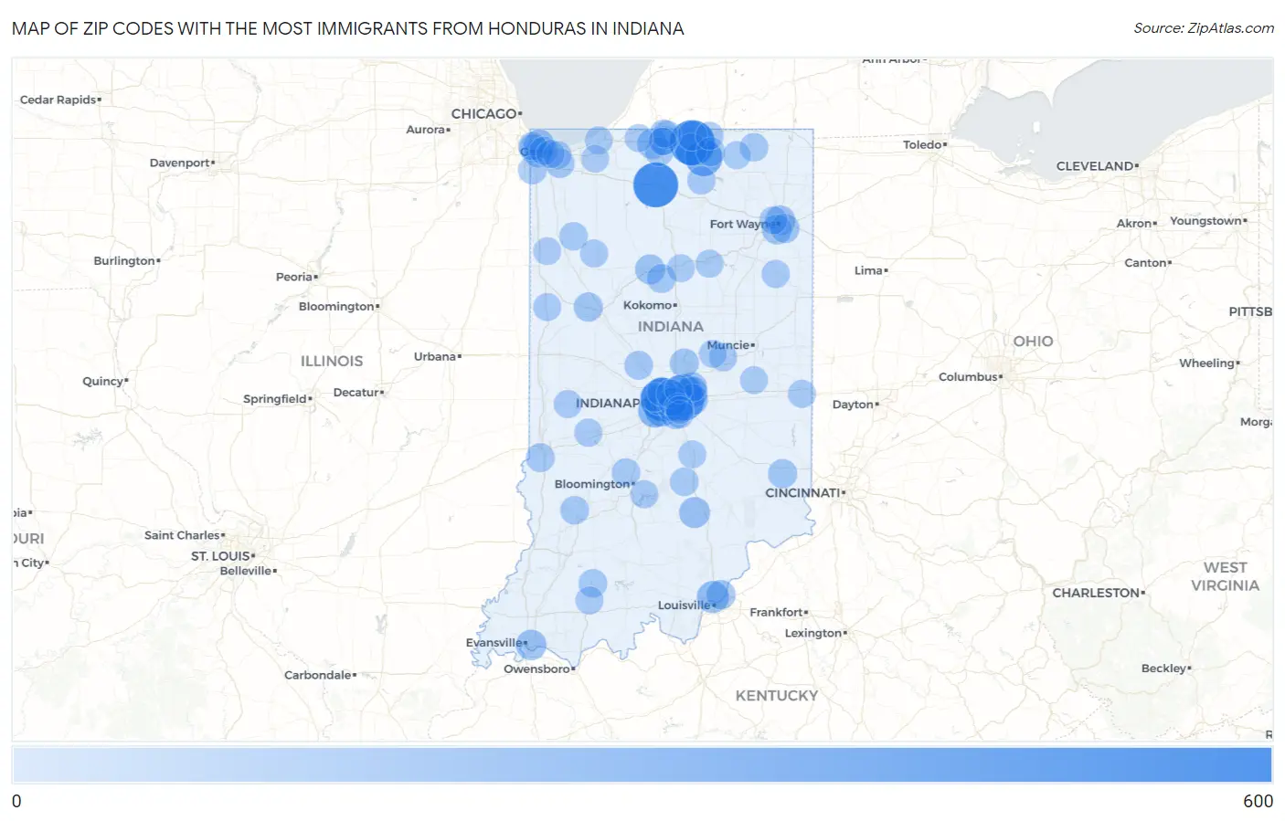 Zip Codes with the Most Immigrants from Honduras in Indiana Map