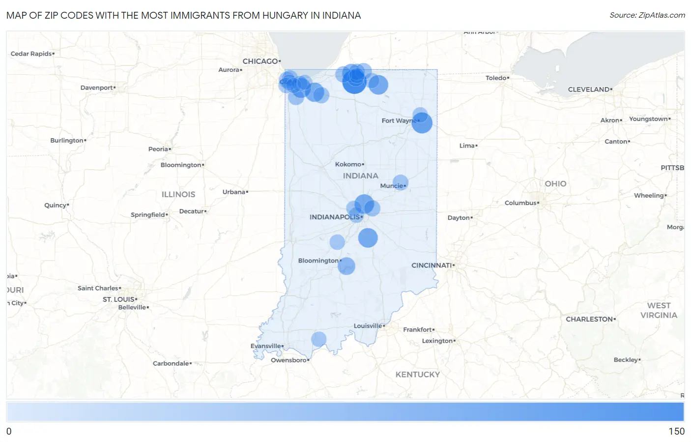 Zip Codes with the Most Immigrants from Hungary in Indiana Map