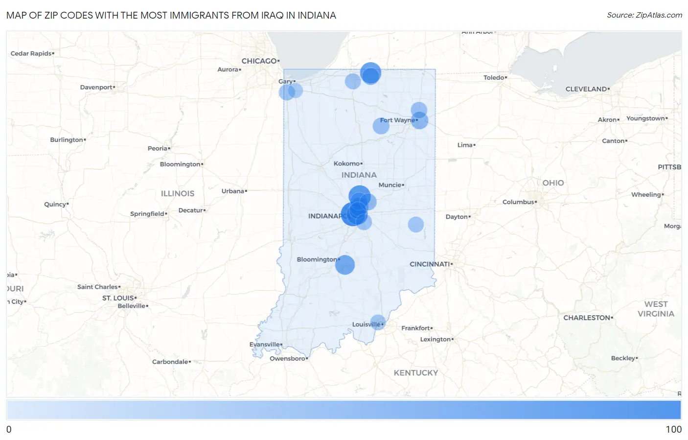 Zip Codes with the Most Immigrants from Iraq in Indiana Map