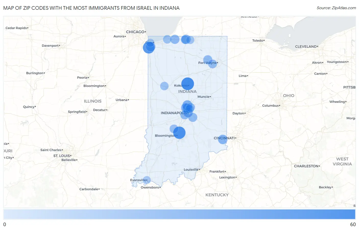 Zip Codes with the Most Immigrants from Israel in Indiana Map