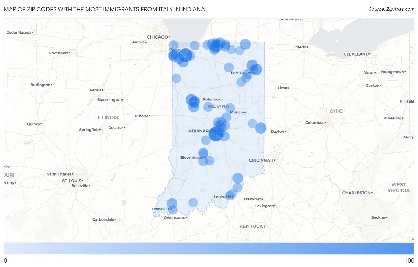 Zip Codes with the Most Immigrants from Italy in Indiana Map