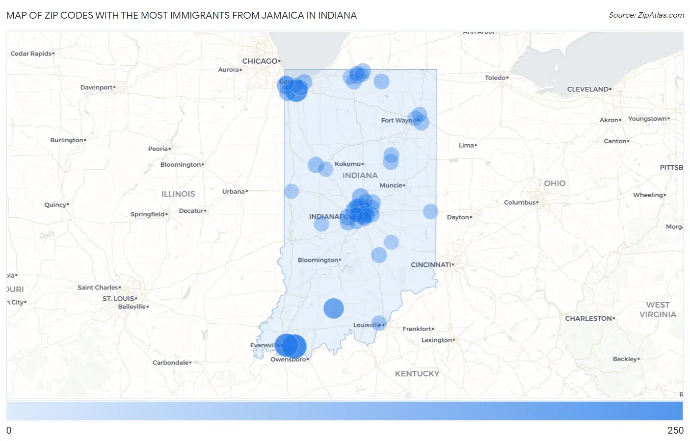 Zip Codes with the Most Immigrants from Jamaica in Indiana Map