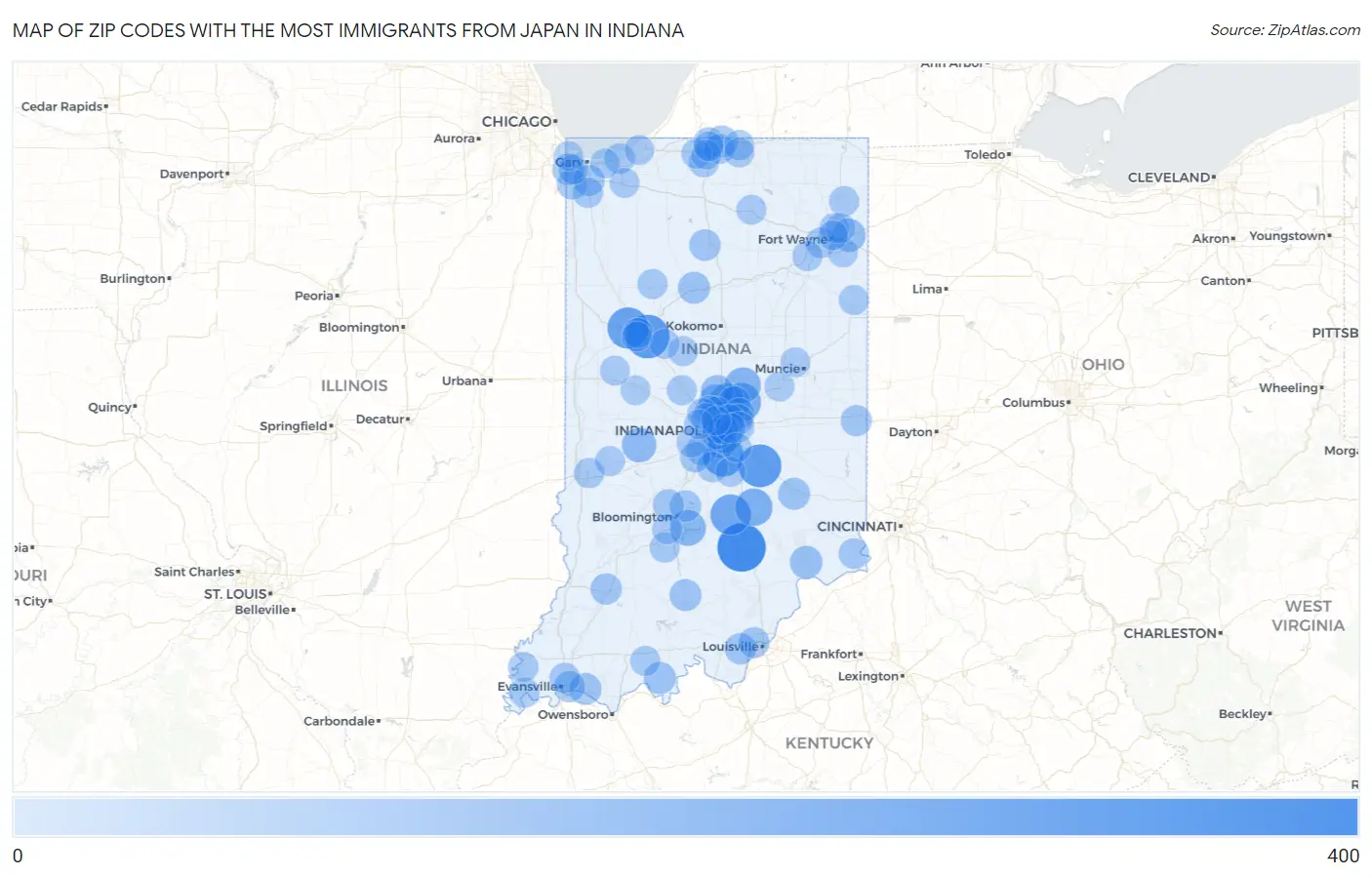 Zip Codes with the Most Immigrants from Japan in Indiana Map