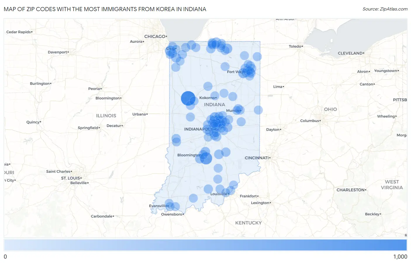Zip Codes with the Most Immigrants from Korea in Indiana Map