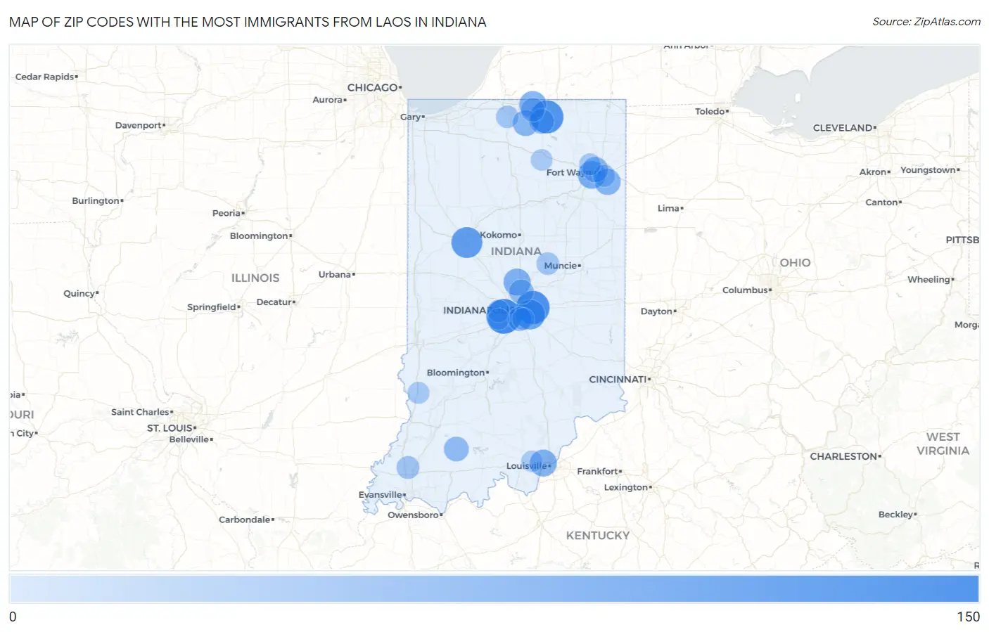 Zip Codes with the Most Immigrants from Laos in Indiana Map