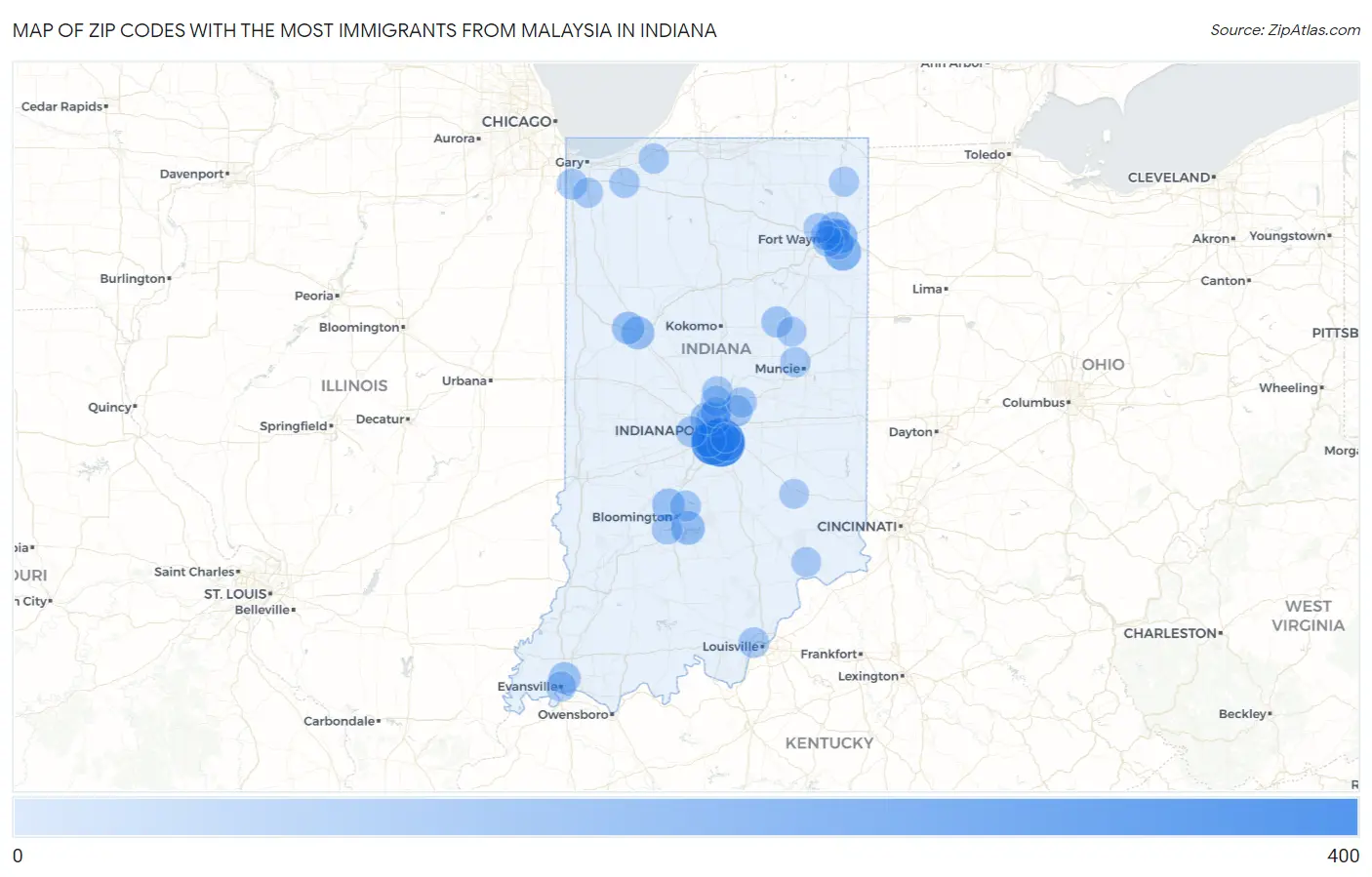 Zip Codes with the Most Immigrants from Malaysia in Indiana Map