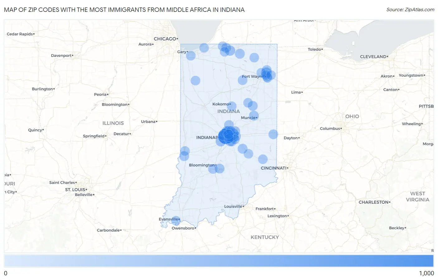 Zip Codes with the Most Immigrants from Middle Africa in Indiana Map