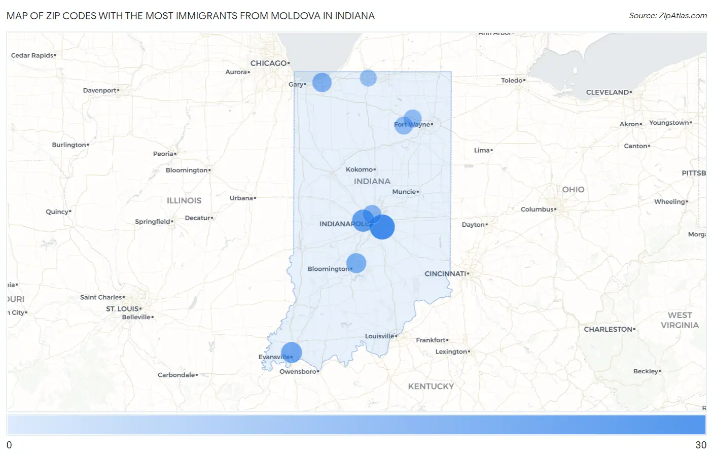 Zip Codes with the Most Immigrants from Moldova in Indiana Map