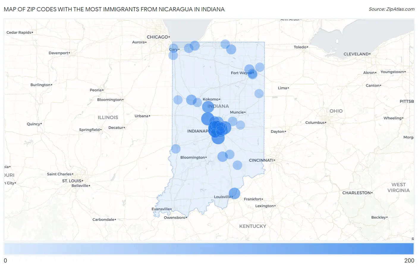 Zip Codes with the Most Immigrants from Nicaragua in Indiana Map