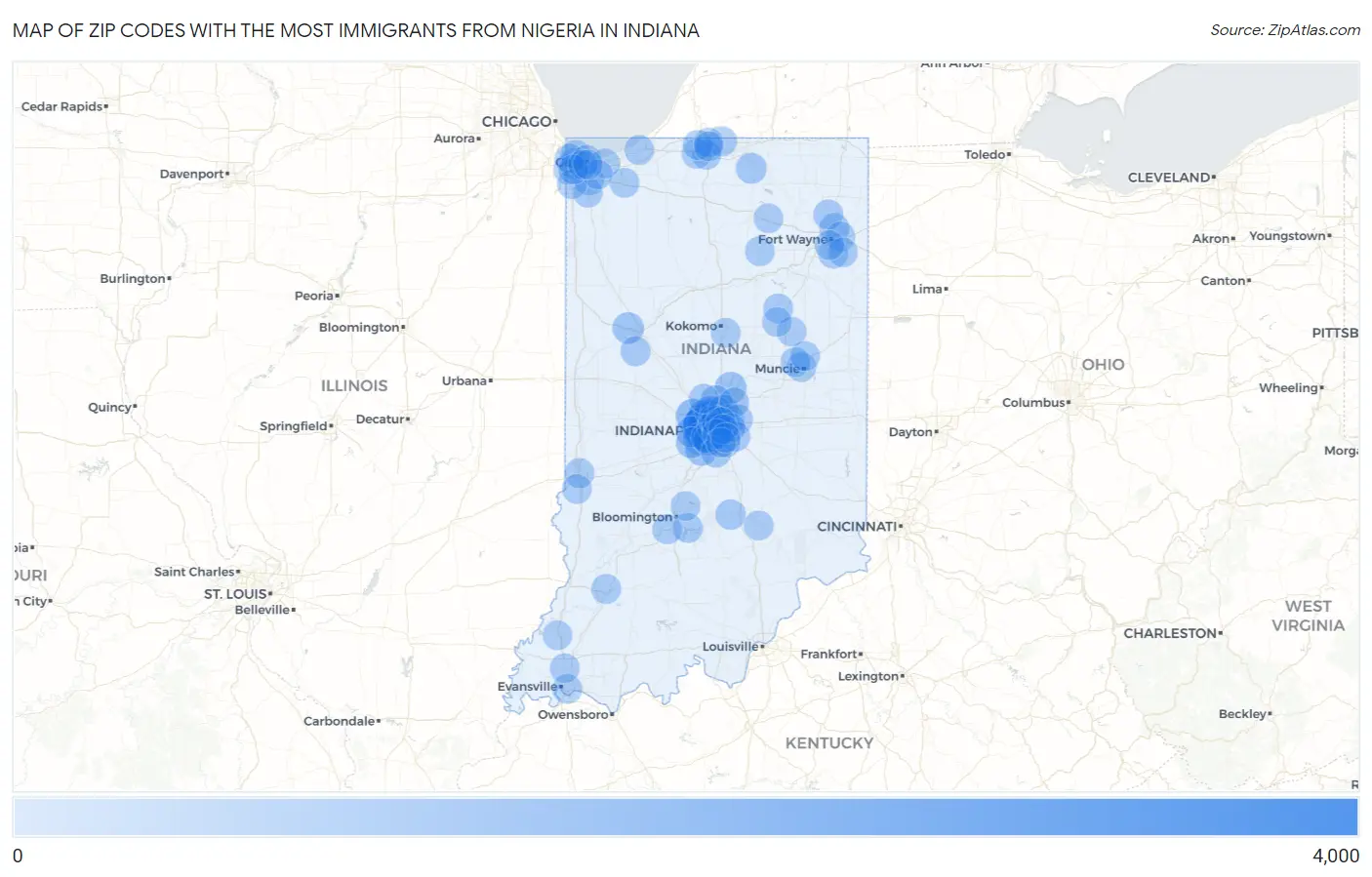 Zip Codes with the Most Immigrants from Nigeria in Indiana Map