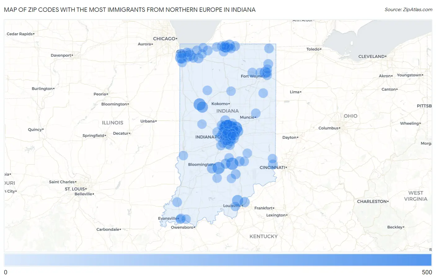 Zip Codes with the Most Immigrants from Northern Europe in Indiana Map