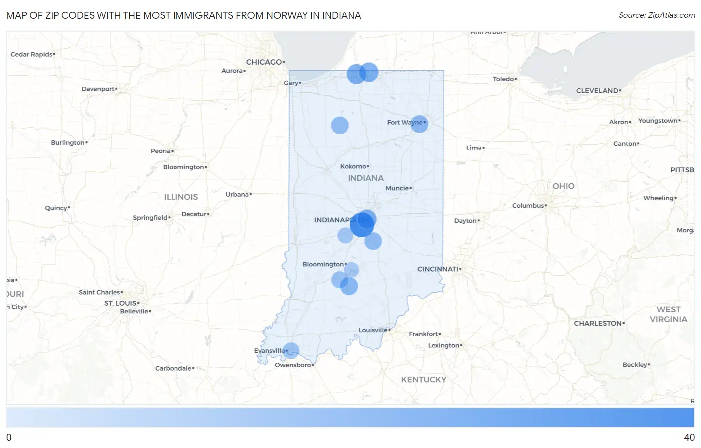 Zip Codes with the Most Immigrants from Norway in Indiana Map