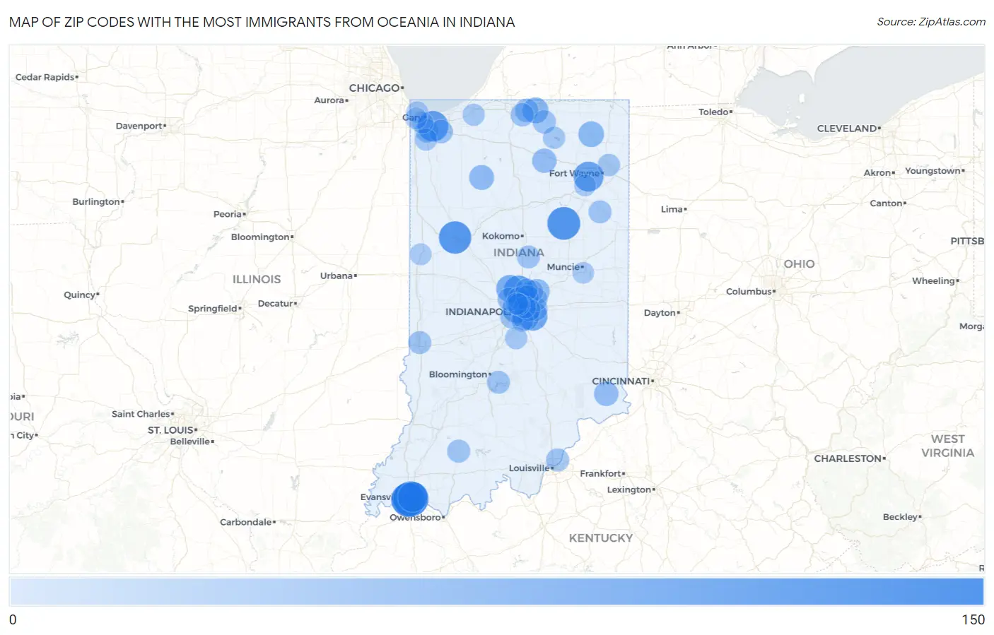 Zip Codes with the Most Immigrants from Oceania in Indiana Map