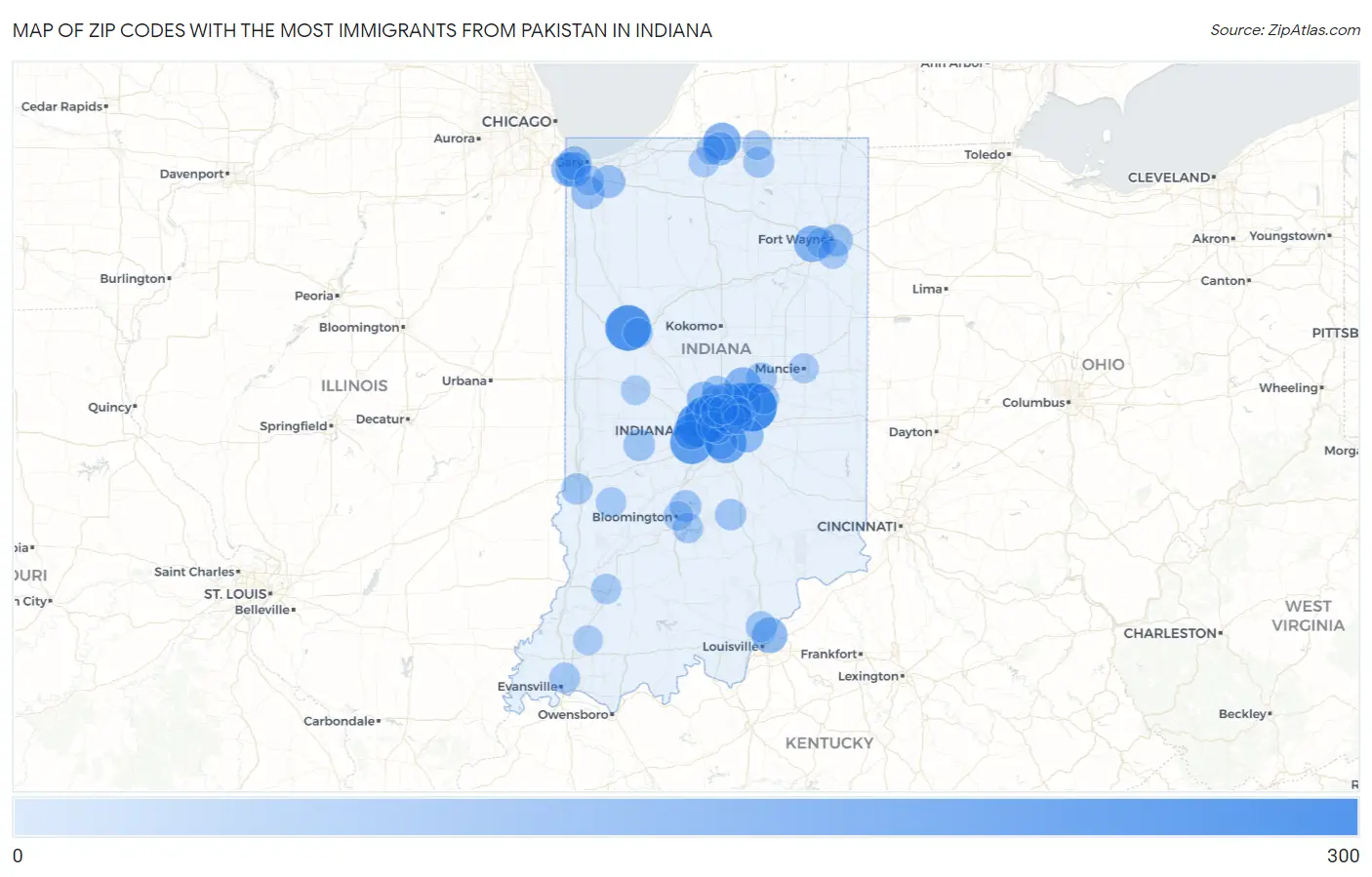 Zip Codes with the Most Immigrants from Pakistan in Indiana Map