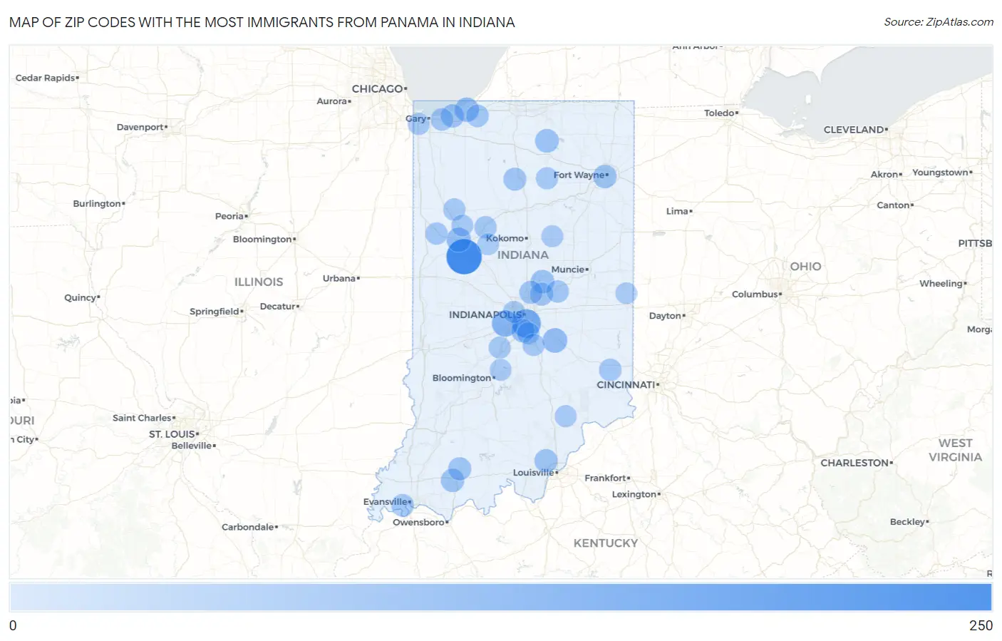 Zip Codes with the Most Immigrants from Panama in Indiana Map