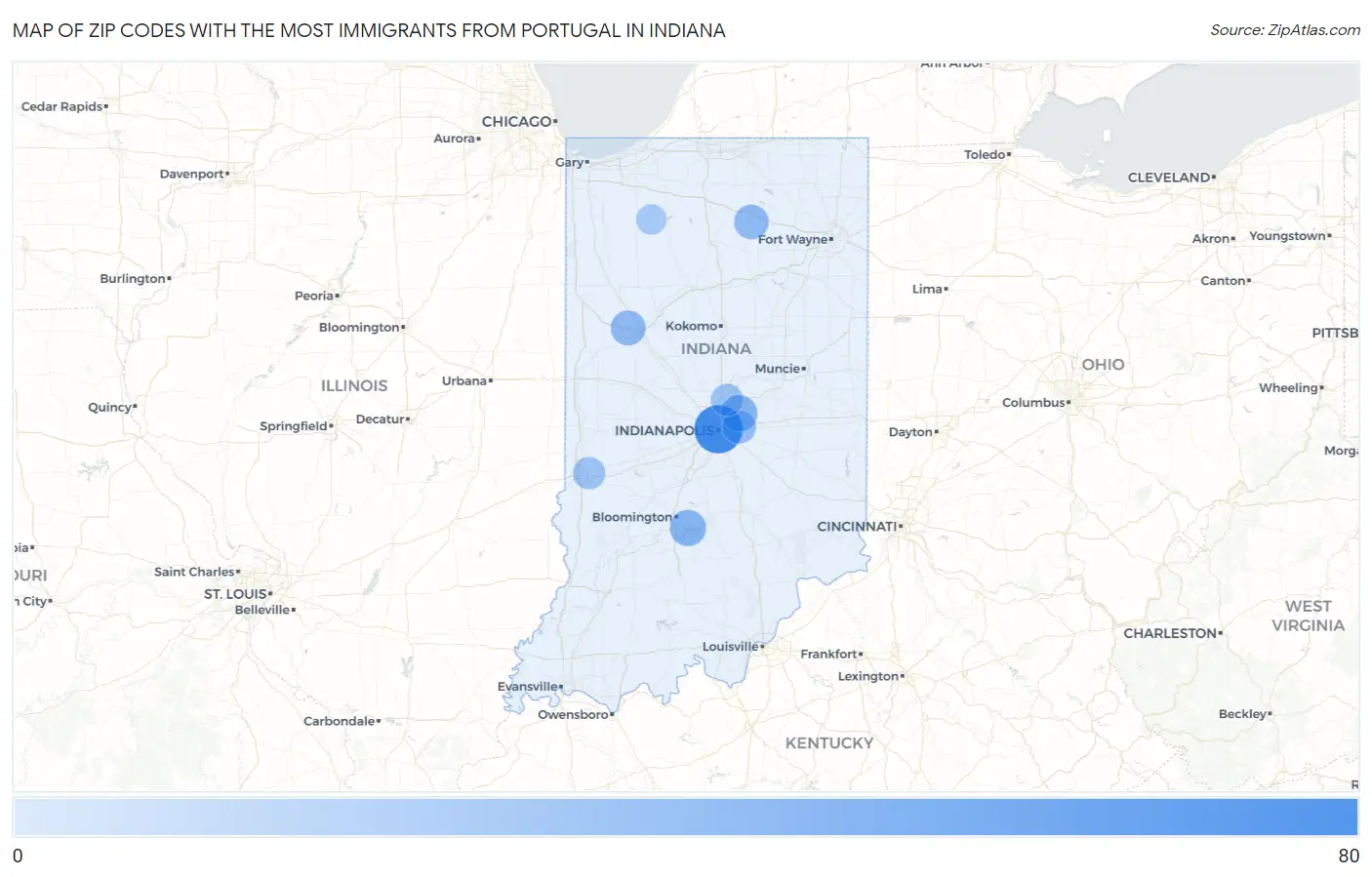 Zip Codes with the Most Immigrants from Portugal in Indiana Map