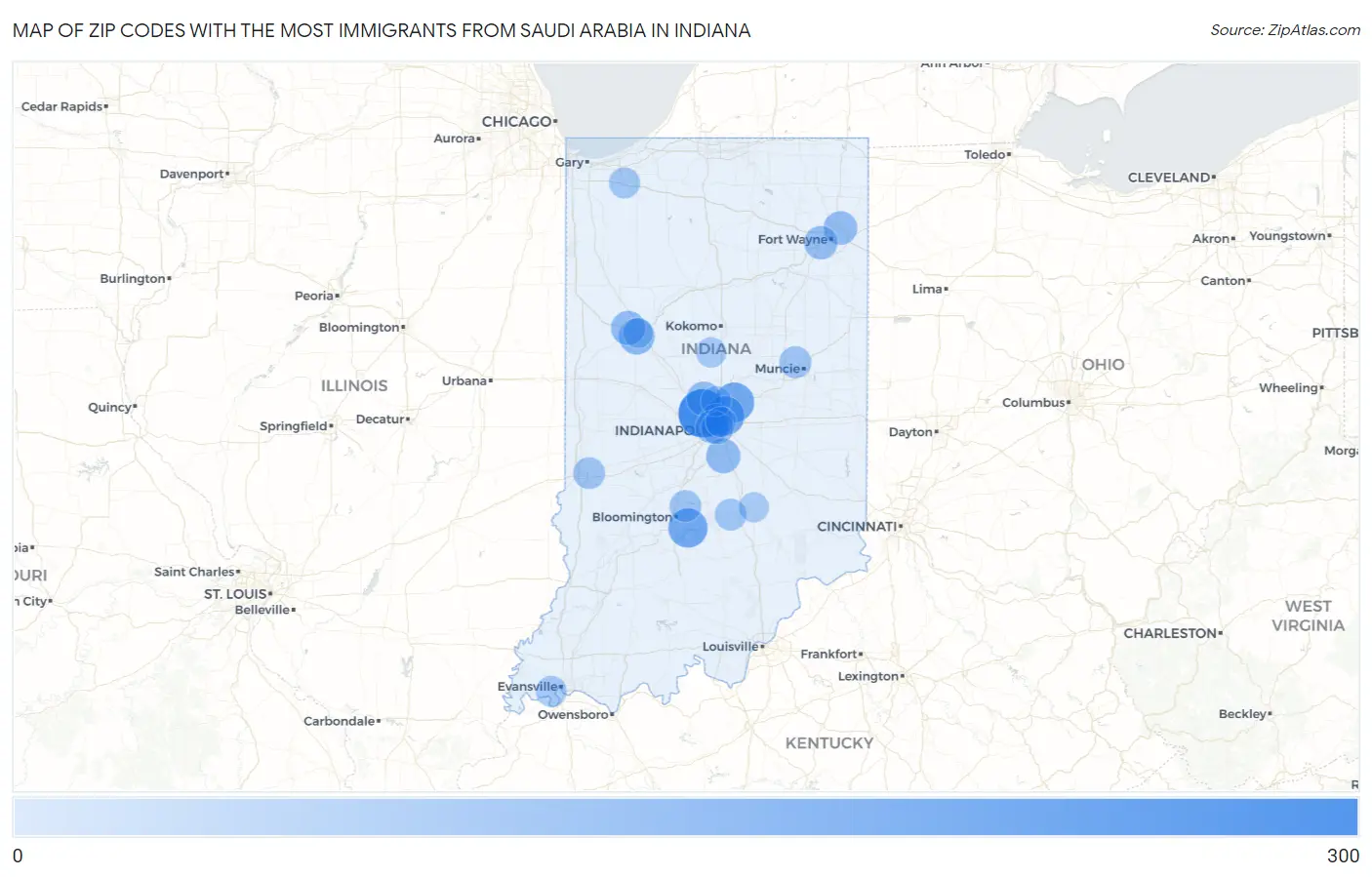 Zip Codes with the Most Immigrants from Saudi Arabia in Indiana Map