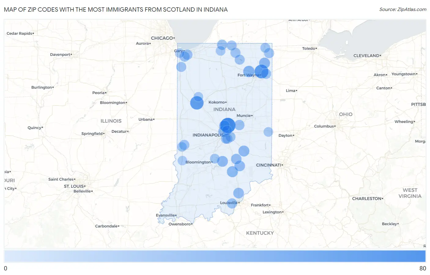 Zip Codes with the Most Immigrants from Scotland in Indiana Map