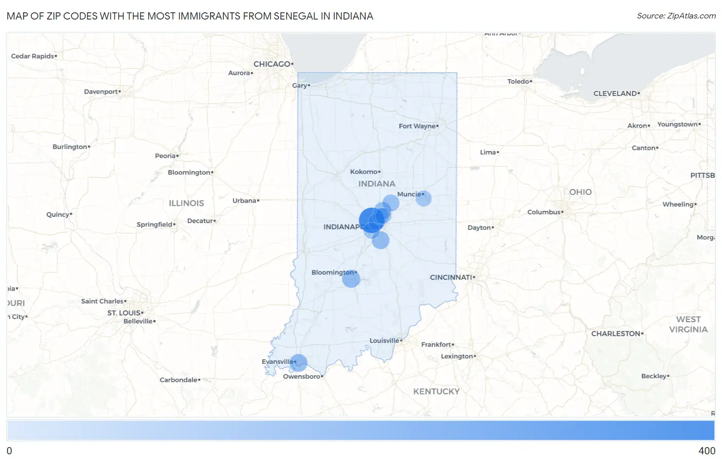 Zip Codes with the Most Immigrants from Senegal in Indiana Map
