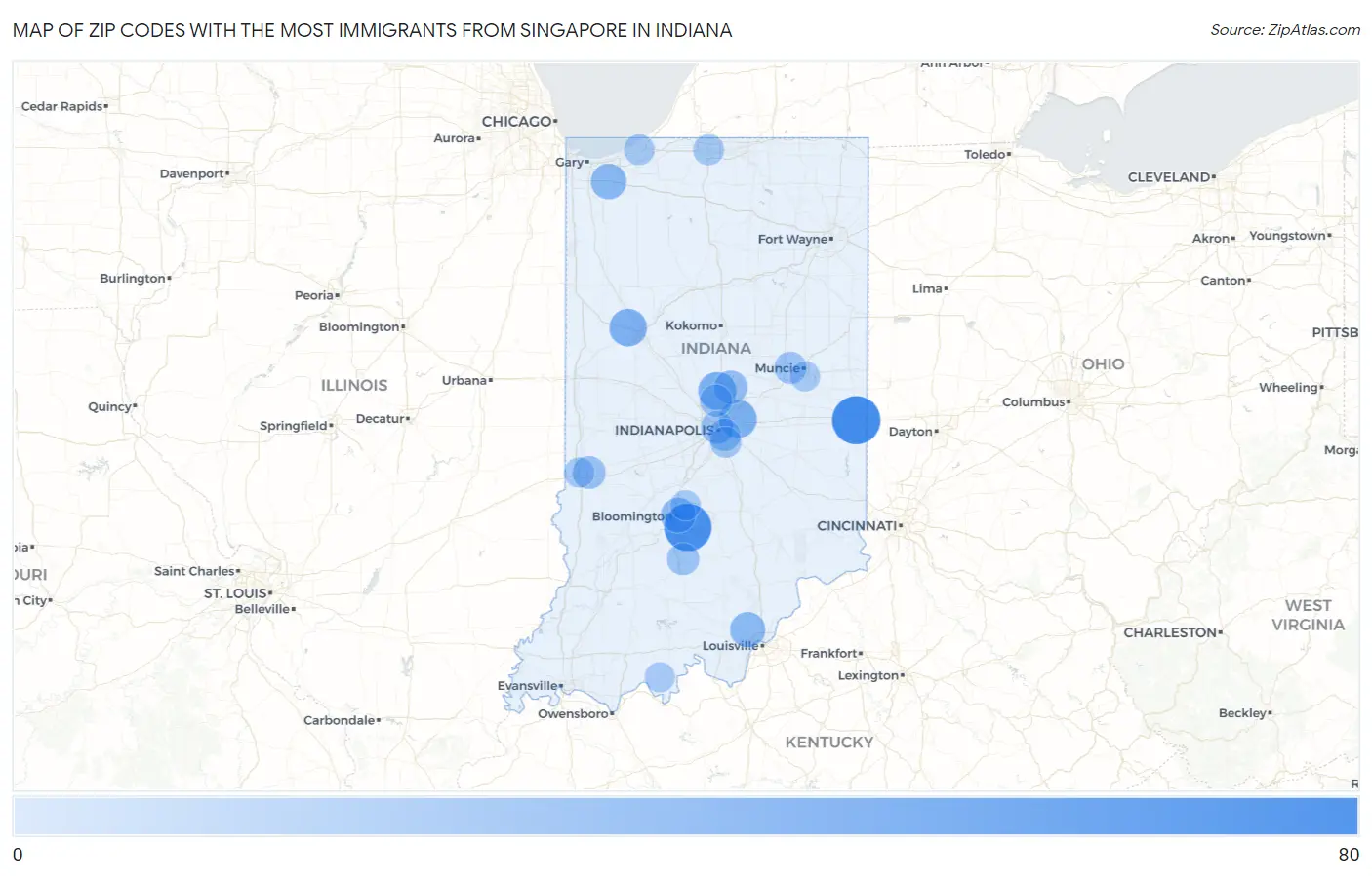 Zip Codes with the Most Immigrants from Singapore in Indiana Map