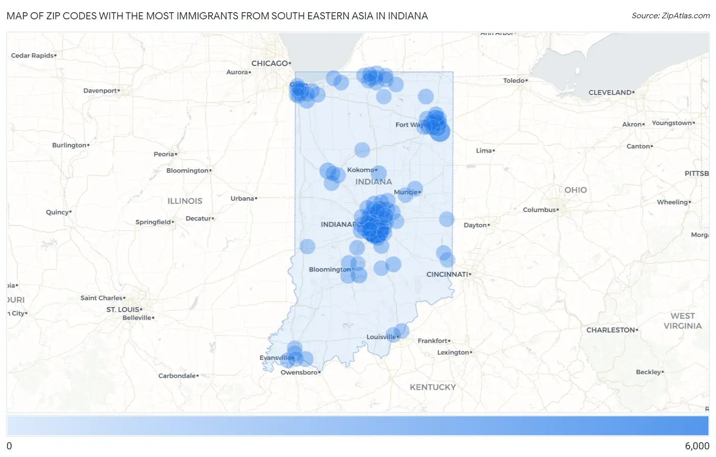 Zip Codes with the Most Immigrants from South Eastern Asia in Indiana Map