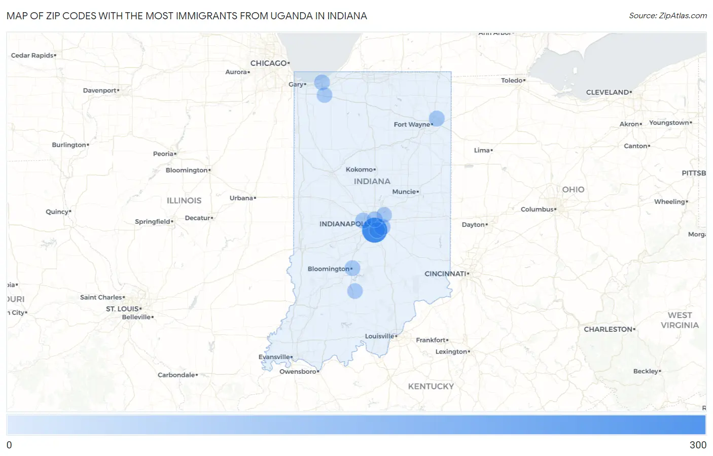 Zip Codes with the Most Immigrants from Uganda in Indiana Map