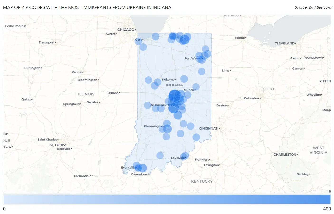 Zip Codes with the Most Immigrants from Ukraine in Indiana Map