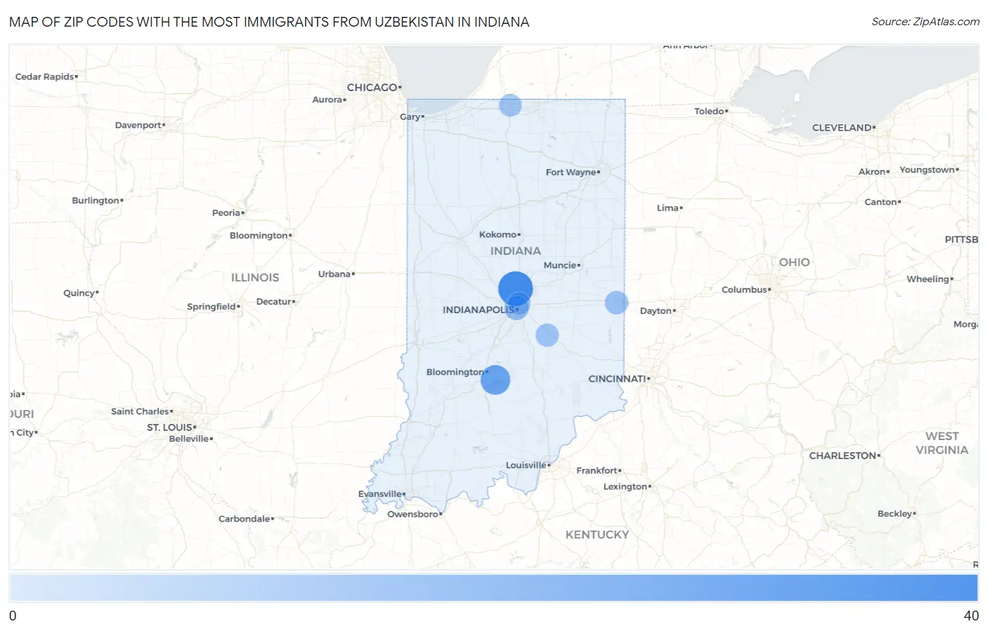 Zip Codes with the Most Immigrants from Uzbekistan in Indiana Map