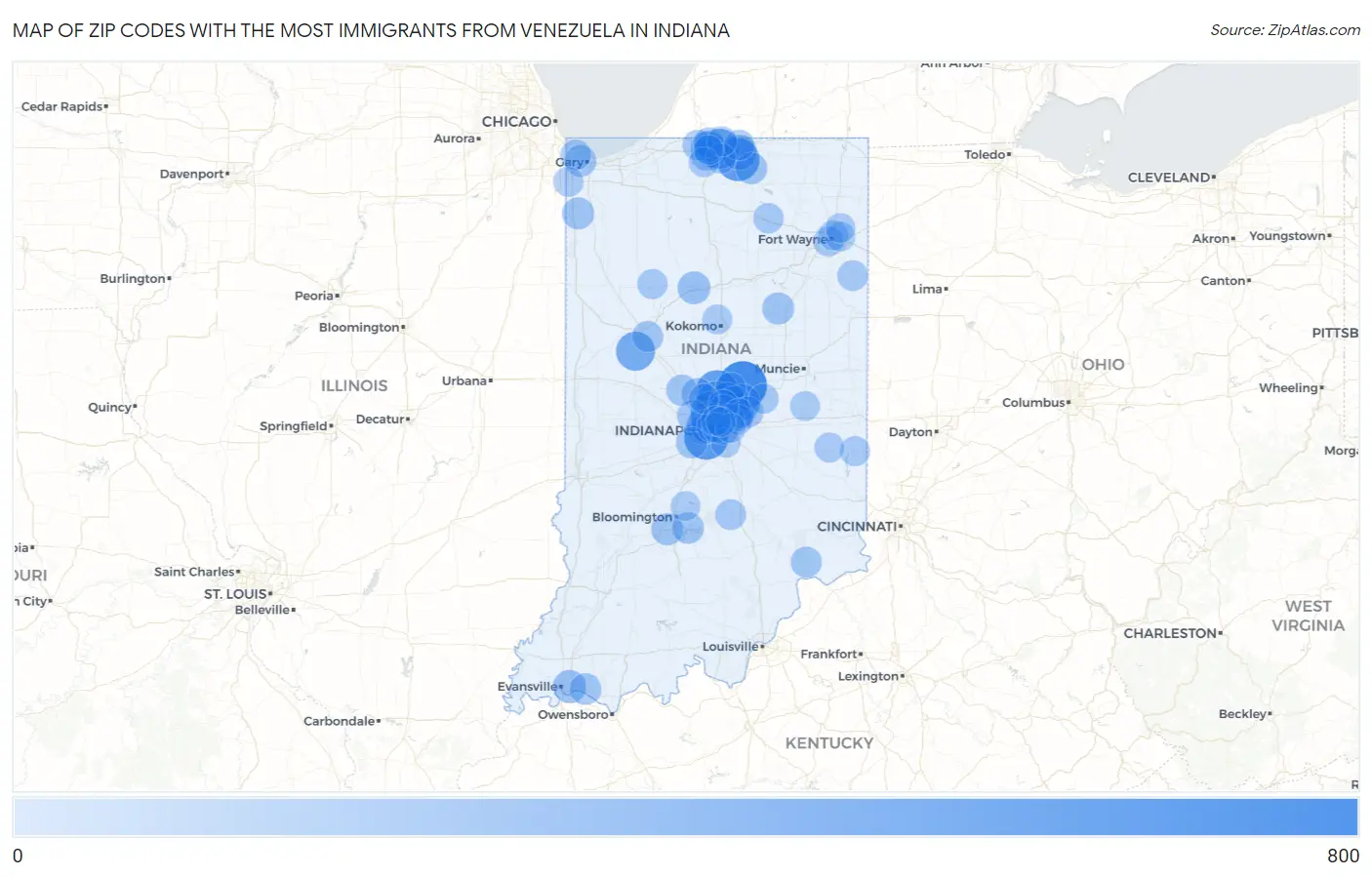 Zip Codes with the Most Immigrants from Venezuela in Indiana Map