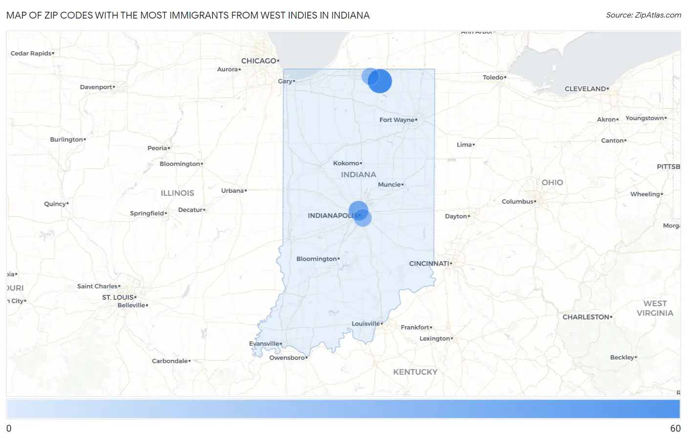 Zip Codes with the Most Immigrants from West Indies in Indiana Map