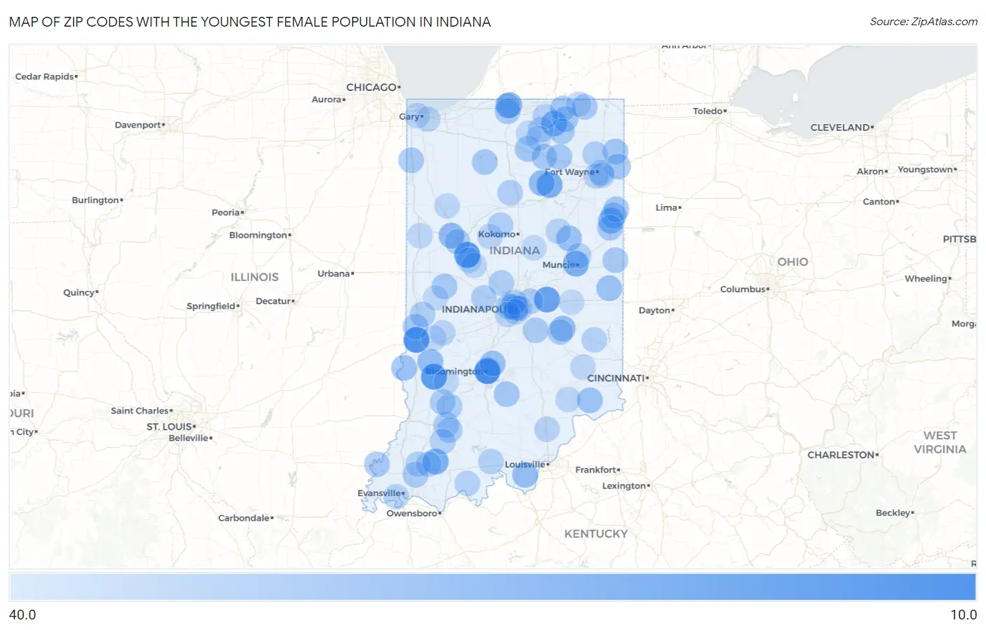 Zip Codes with the Youngest Female Population in Indiana Map