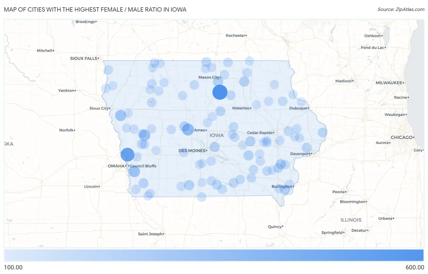 Cities with the Highest Female / Male Ratio in Iowa Map