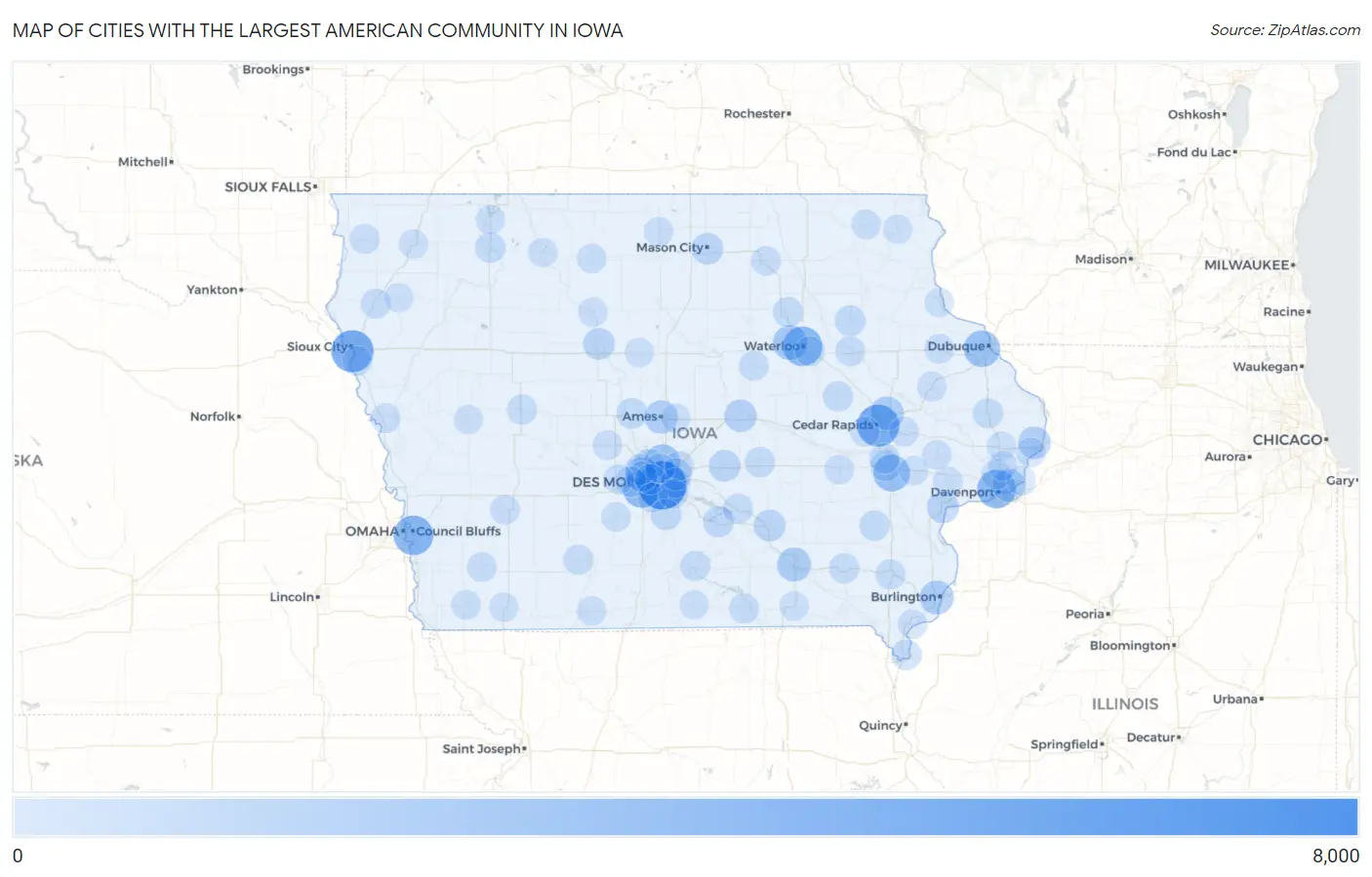 Cities with the Largest American Community in Iowa Map