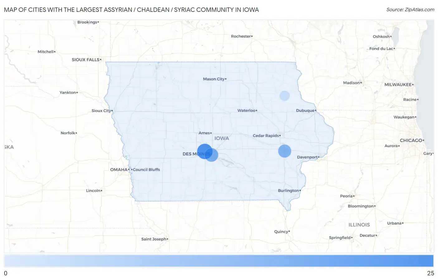 Cities with the Largest Assyrian / Chaldean / Syriac Community in Iowa Map