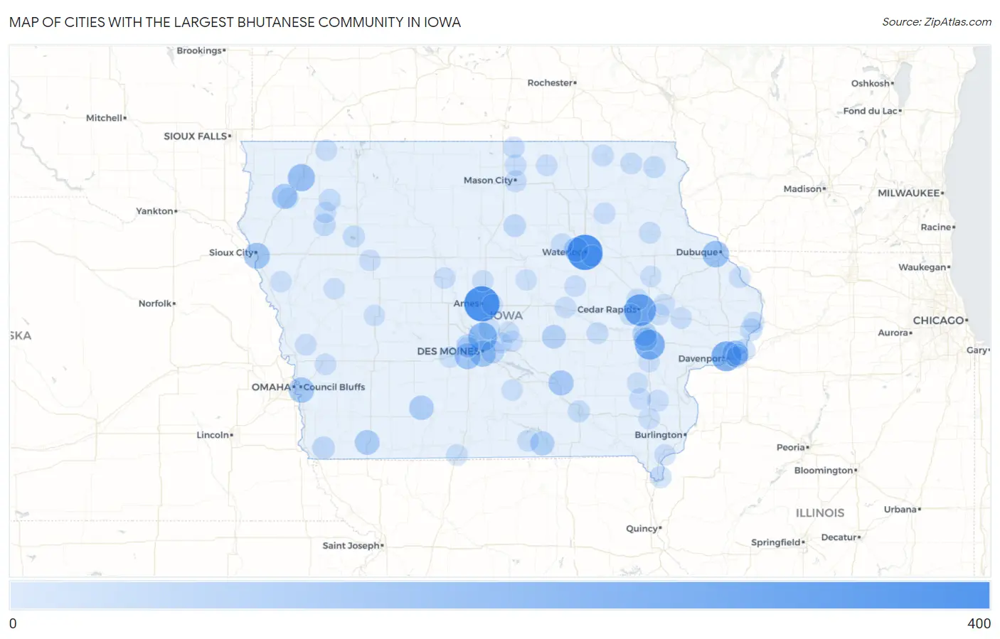 Cities with the Largest Bhutanese Community in Iowa Map