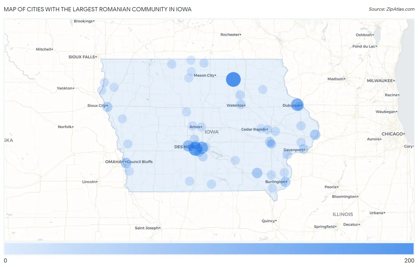 Cities with the Largest Romanian Community in Iowa Map