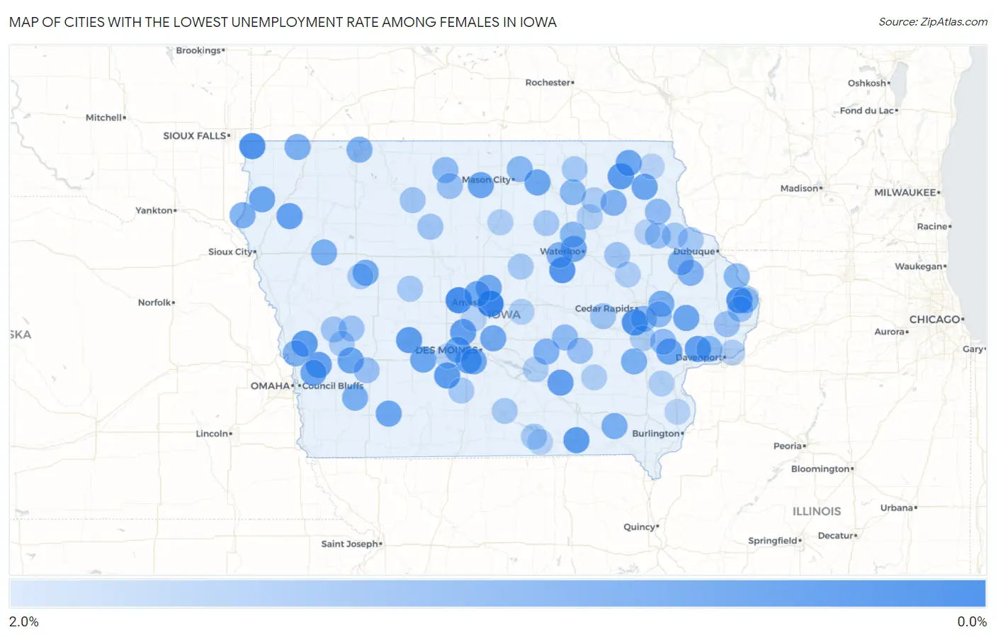 Cities with the Lowest Unemployment Rate Among Females in Iowa Map