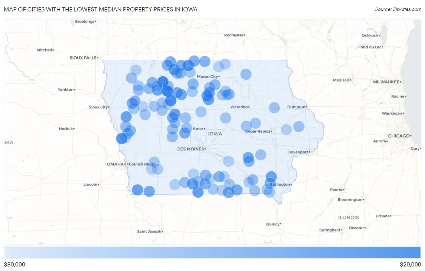 Cities with the Lowest Median Property Prices in Iowa Map