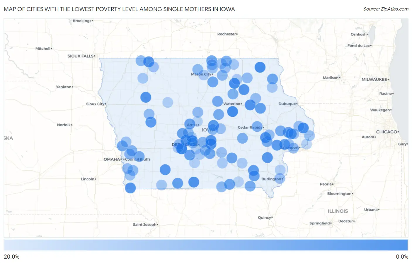 Cities with the Lowest Poverty Level Among Single Mothers in Iowa Map