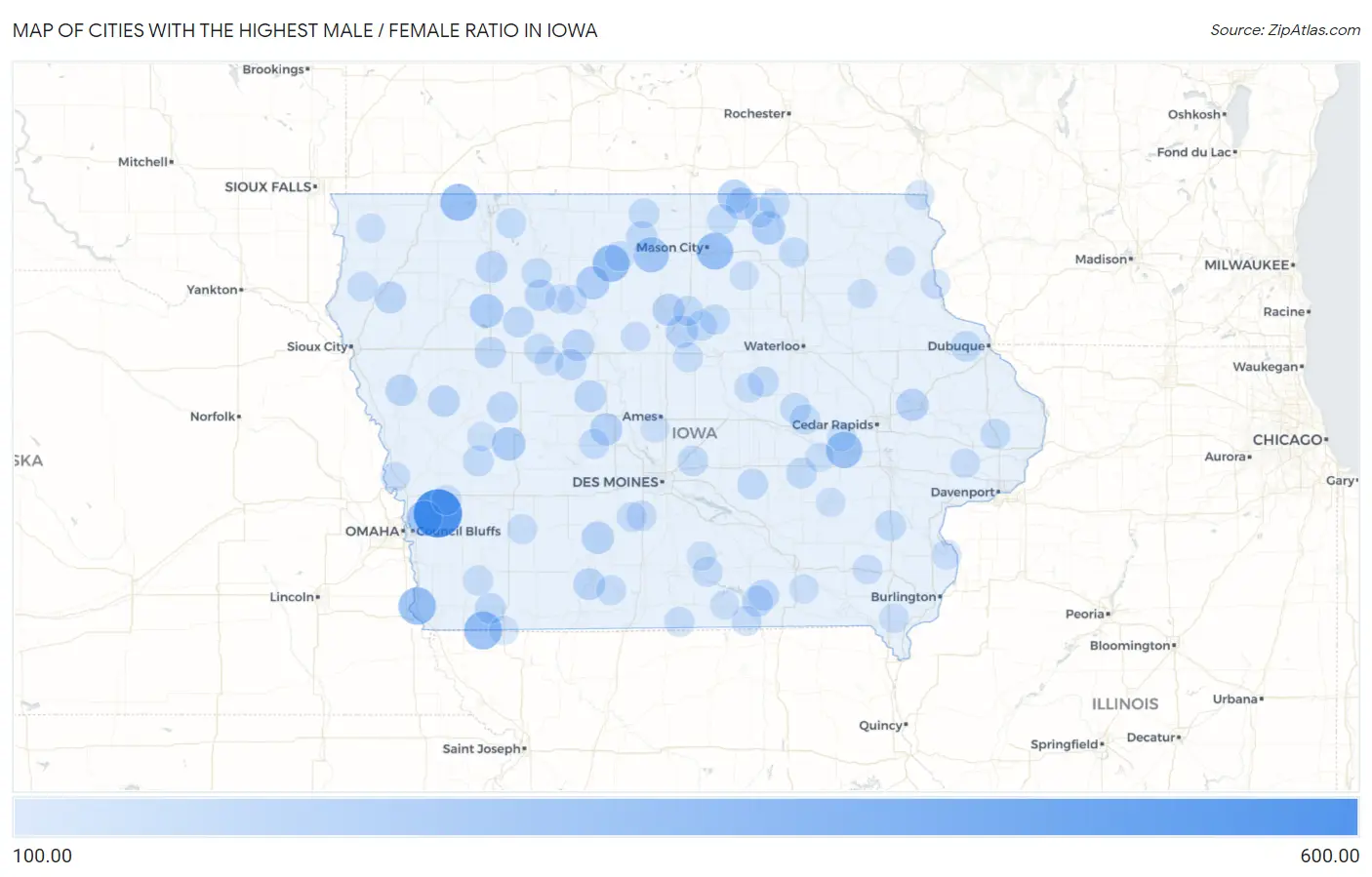 Cities with the Highest Male / Female Ratio in Iowa Map