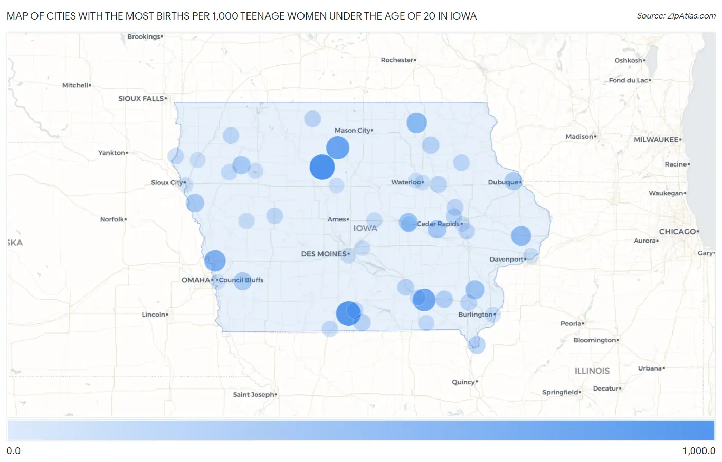 Cities with the Most Births per 1,000 Teenage Women Under the Age of 20 in Iowa Map
