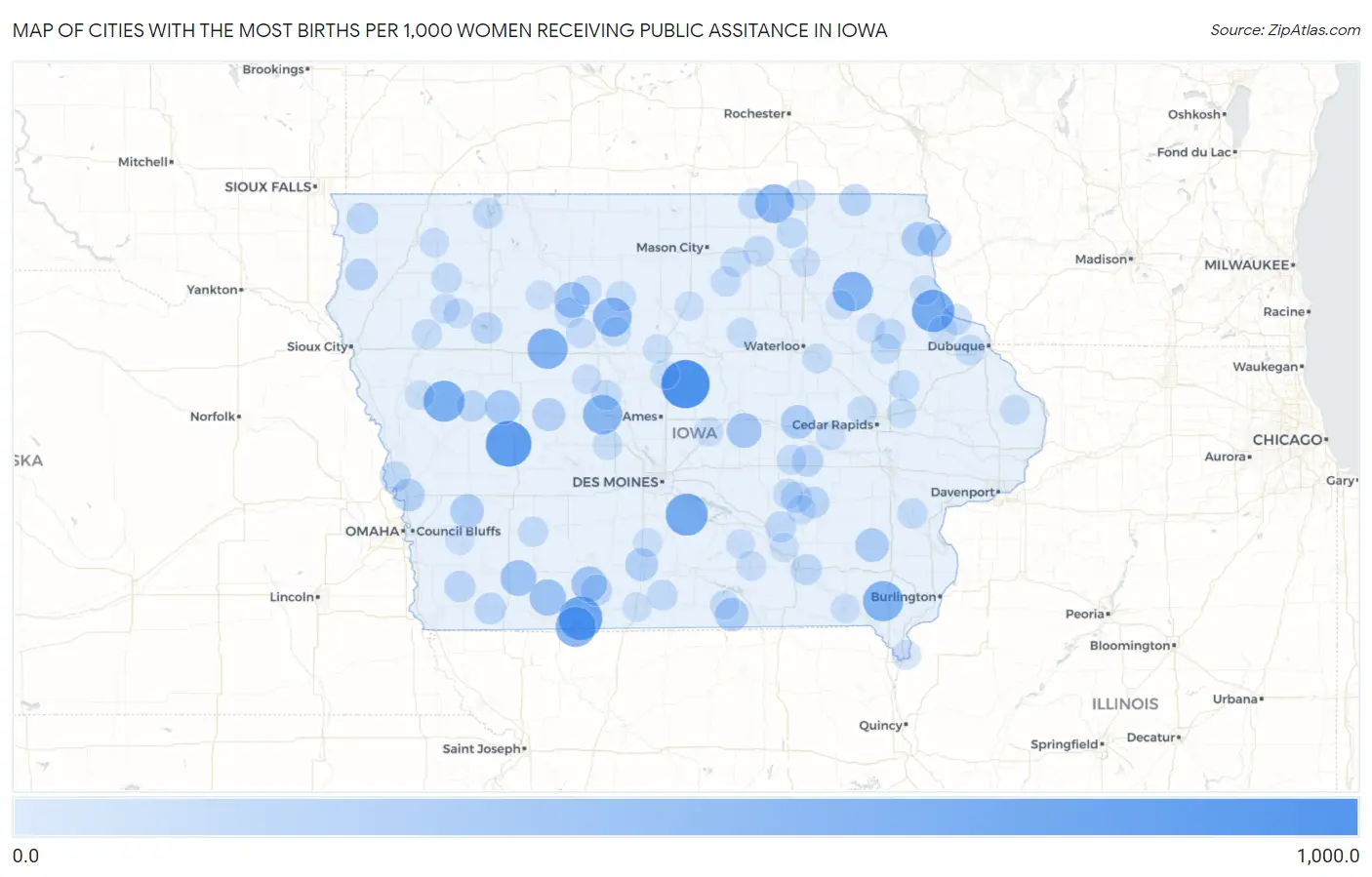 Cities with the Most Births per 1,000 Women Receiving Public Assitance in Iowa Map