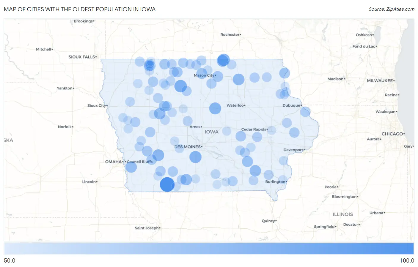 Cities with the Oldest Population in Iowa Map